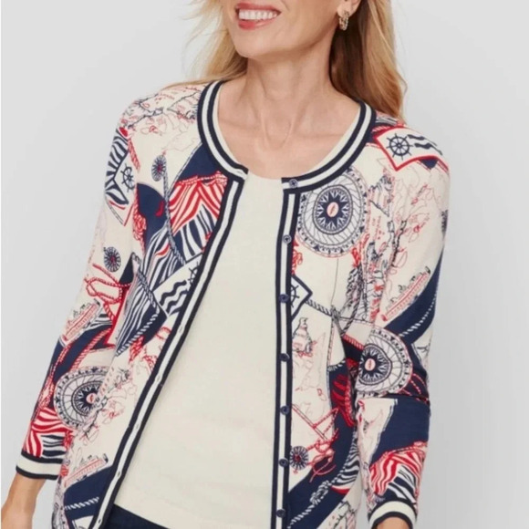Talbots Large Petite Maps Nautical Charming Cardigan Sweater 3/4 Sleeves Soft - Picture 1 of 6